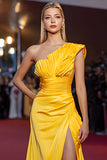 Yellow Ruched One Shoulder Long Gala Dress with Slit