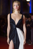 Simple Patchwork Ruched Long Black and White Dress with Slit