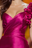 Fuchsia Mermaid One Shoulder Long Pageant Dress with Ruffles