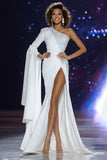 Sparkly White Mermaid Beaded Long Pageant Dress with Slit