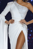 Sparkly White Mermaid Beaded Long Pageant Dress with Slit