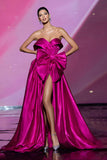 Fuchsia Strapless A Line Long Pageant Dress with Bow
