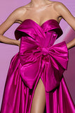 Fuchsia Strapless A Line Long Pageant Dress with Bow