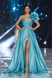 Sparkly Blue V-Neck A Line Long Pageant Dress with 3D Flower