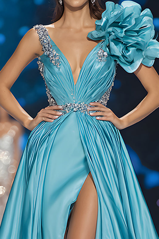 Sparkly Blue V-Neck A Line Long Pageant Dress with 3D Flower