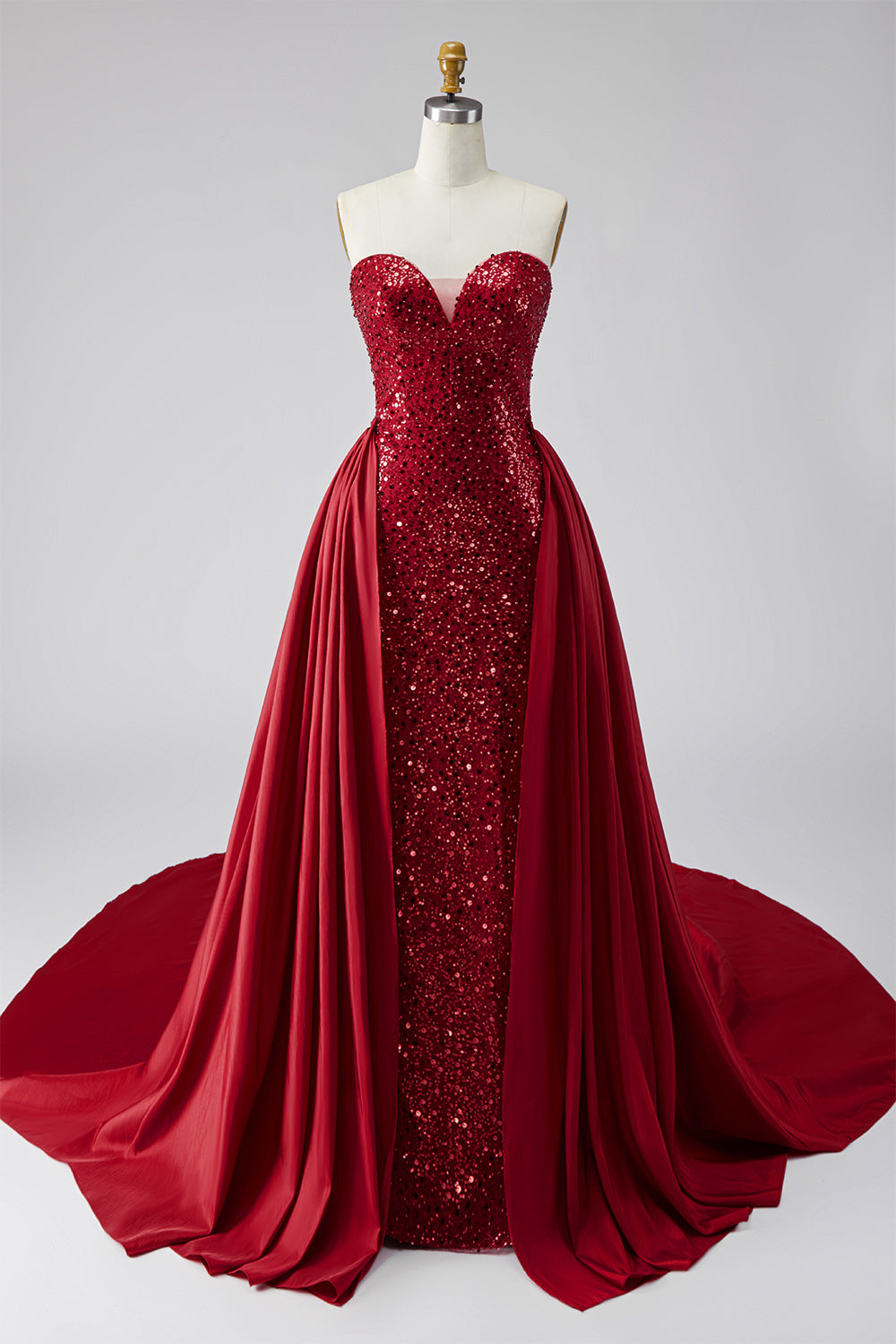 Sparkly Dark Red Strapless Sequin Long Pageant Dress with Cape