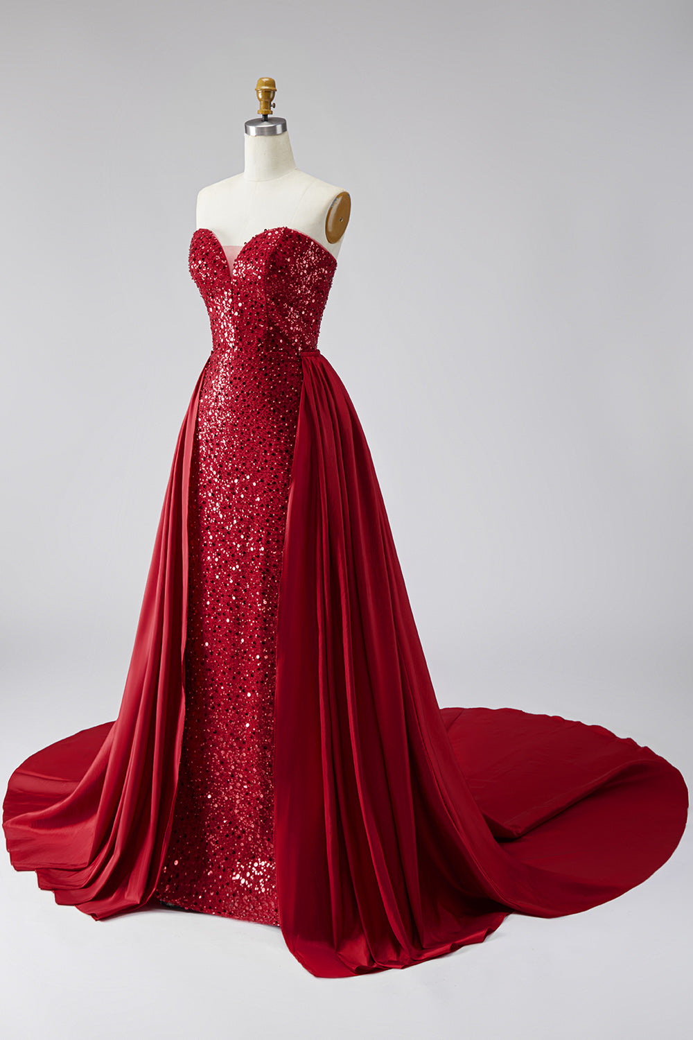 Sparkly Dark Red Strapless Sequin Long Pageant Dress with Cape