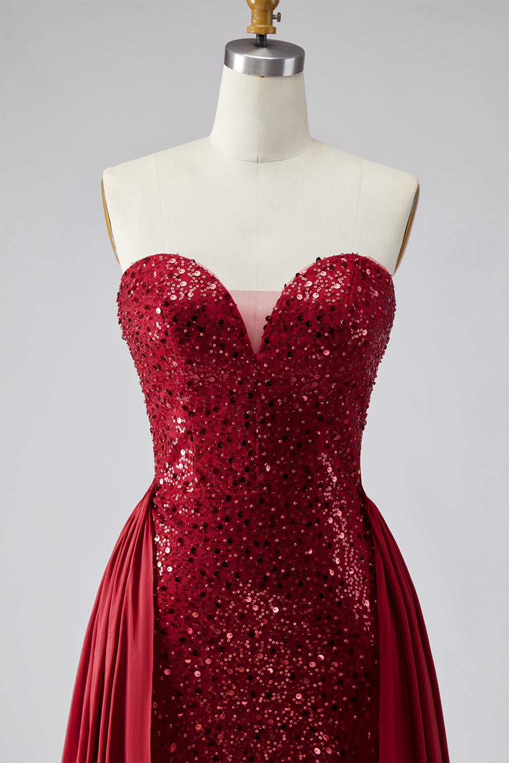 Sparkly Dark Red Strapless Sequin Long Pageant Dress with Cape