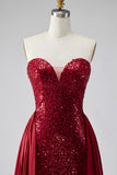 Sparkly Dark Red Strapless Sequin Long Pageant Dress with Cape