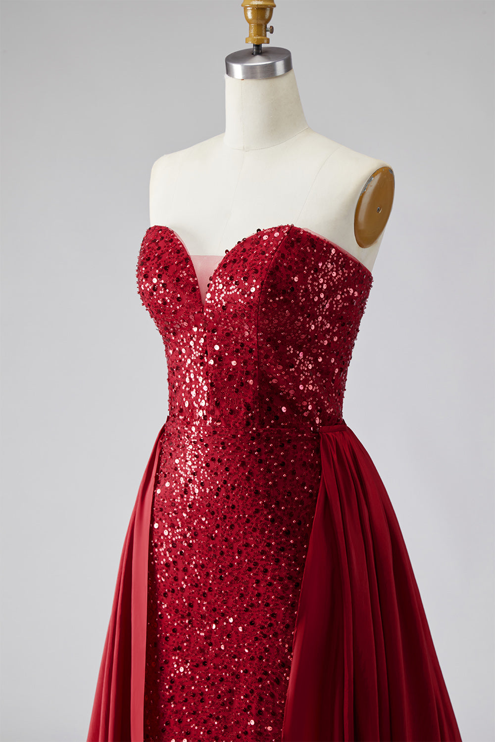 Sparkly Dark Red Strapless Sequin Long Pageant Dress with Cape