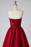 Sparkly Dark Red Strapless Sequin Long Pageant Dress with Cape