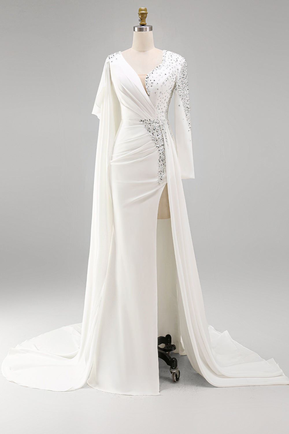 Sparkly White Mermaid Long Sleeves Pageant Dress with Slit
