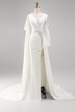 Sparkly White Mermaid Long Sleeves Pageant Dress with Slit
