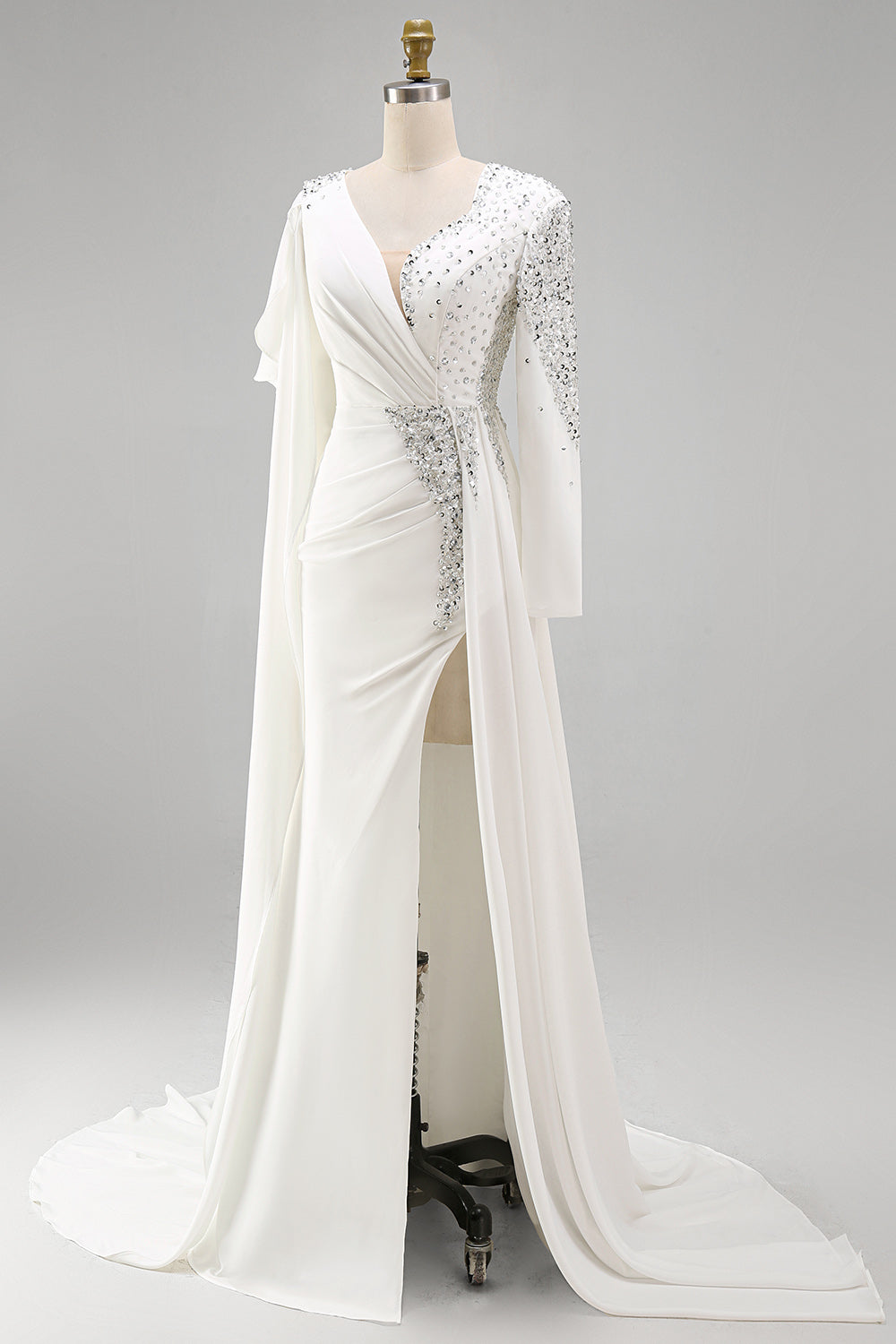 Sparkly White Mermaid Long Sleeves Pageant Dress with Slit