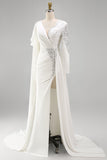 Sparkly White Mermaid Long Sleeves Pageant Dress with Slit
