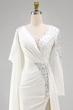 Sparkly White Mermaid Long Sleeves Pageant Dress with Slit