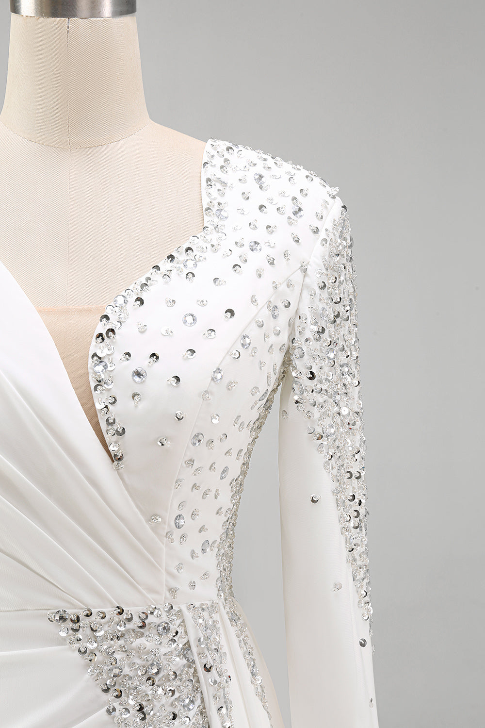 Sparkly White Mermaid Long Sleeves Pageant Dress with Slit