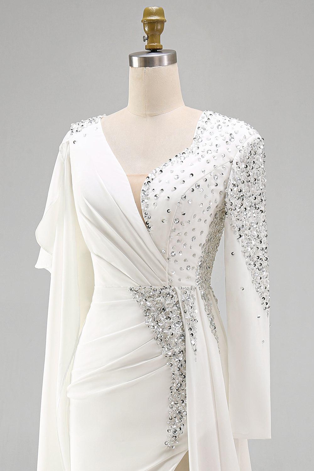 Sparkly White Mermaid Long Sleeves Pageant Dress with Slit
