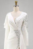 Sparkly White Mermaid Long Sleeves Pageant Dress with Slit