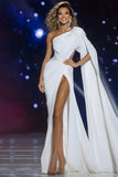 Sparkly White One Shoulder Cut Out Long Pageant Dress with Slit