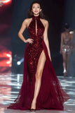 Sparkly Burgundy High Neck Sequin Long Pageant Dress with Slit