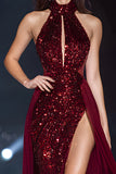 Sparkly Burgundy High Neck Sequin Long Pageant Dress with Slit