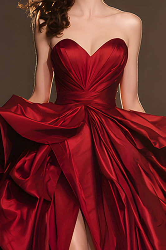 Dark Red Sweetheart Ruffled Ball Gown Long Pageant Dress with Slit