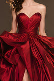 Dark Red Sweetheart Ruffled Ball Gown Long Pageant Dress with Slit