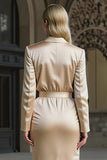 Champagne Notched Lapel Mermaid Midi Work Dress with 3D Flower
