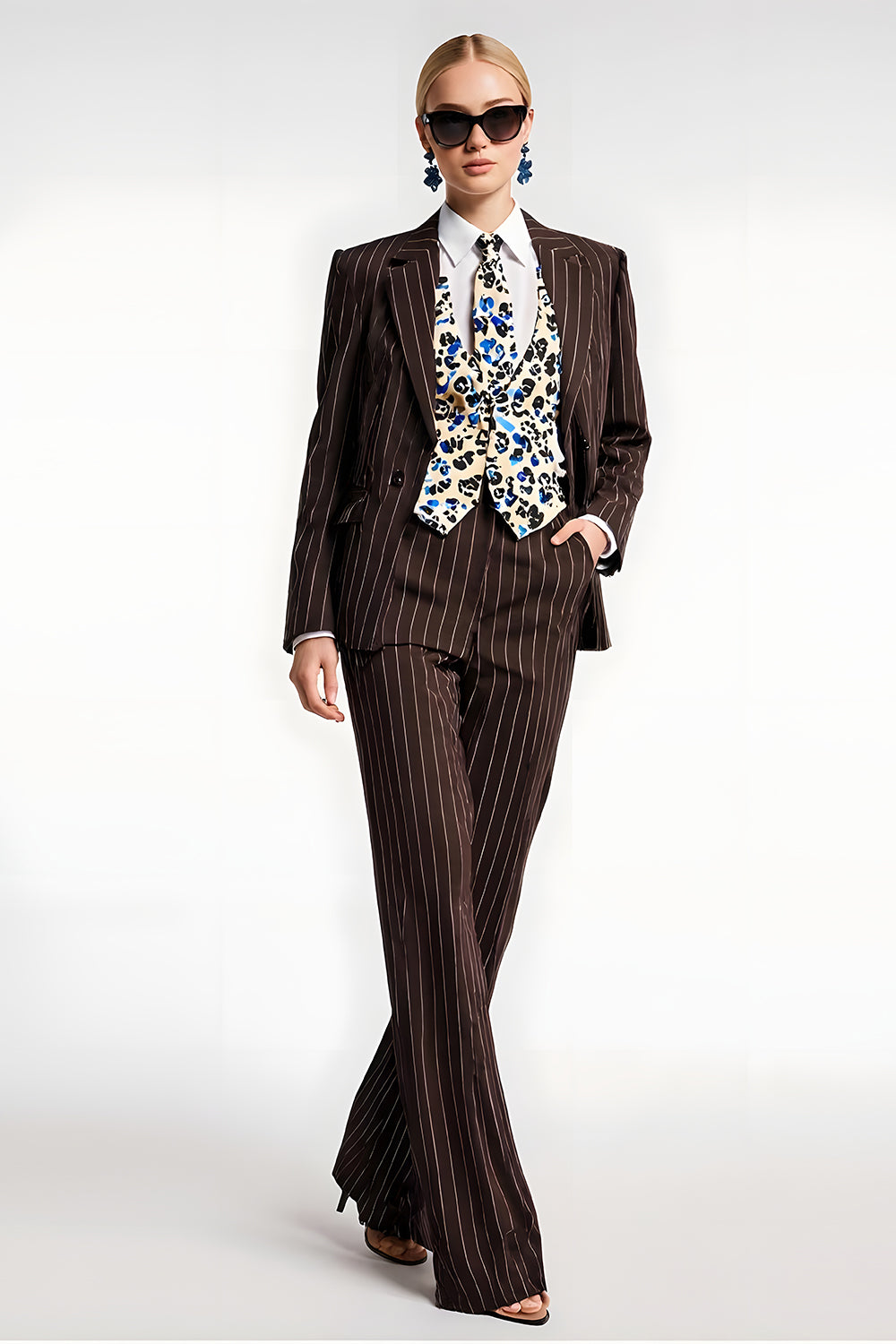 Coffee Notched Lapel 2 Piece Striped Business Suits with Pockets