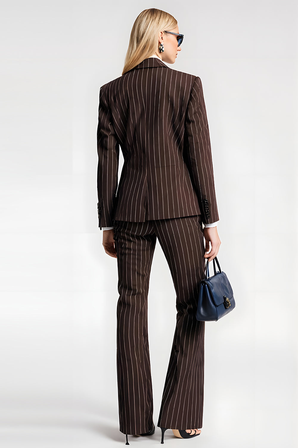 Coffee Notched Lapel 2 Piece Striped Business Suits with Pockets