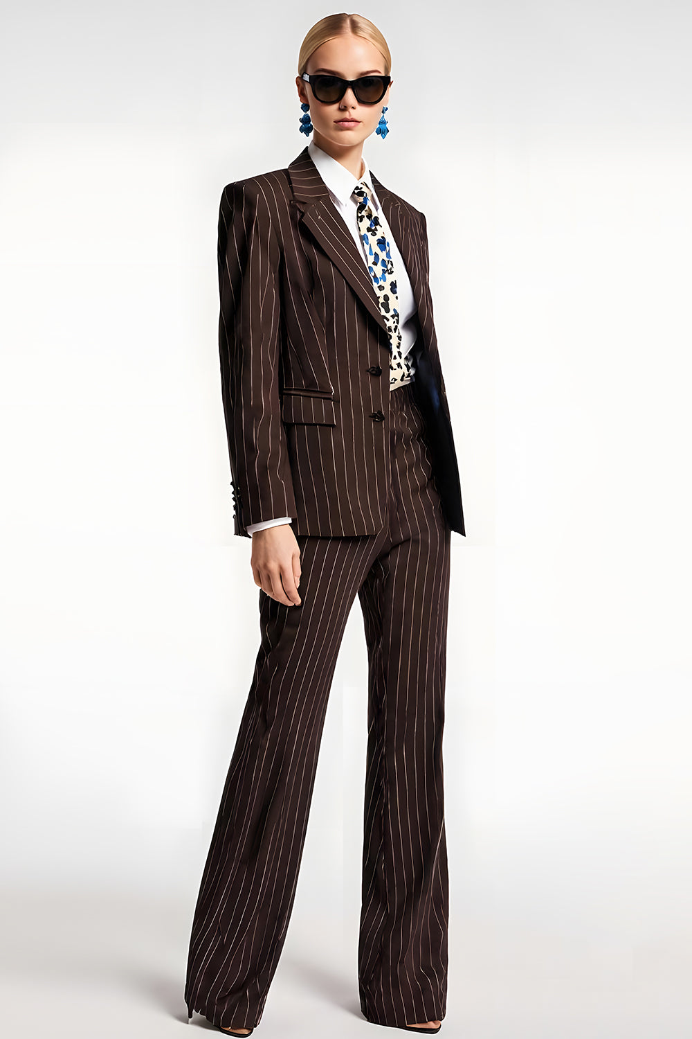 Coffee Notched Lapel 2 Piece Striped Business Suits with Pockets
