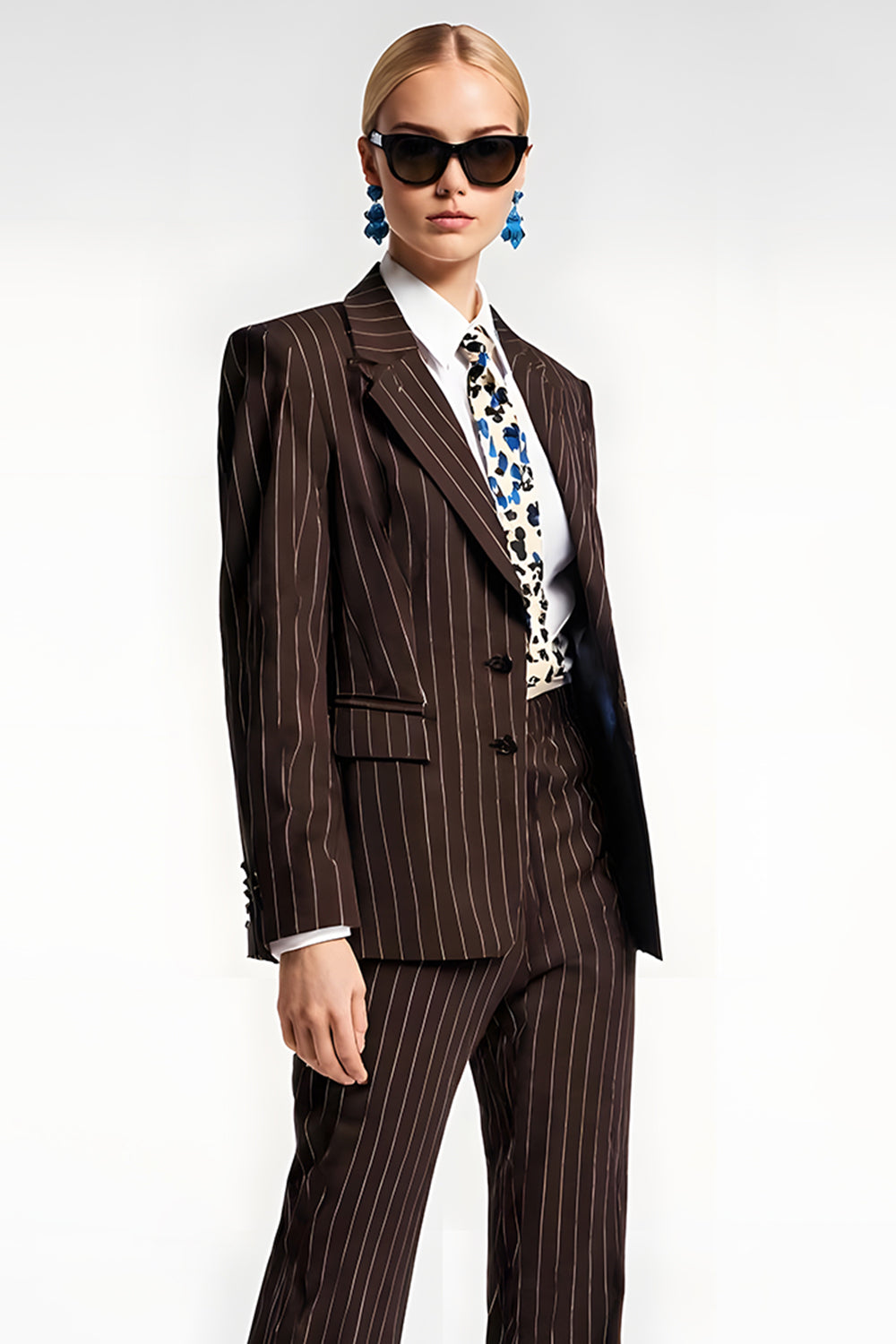 Coffee Notched Lapel 2 Piece Striped Business Suits with Pockets