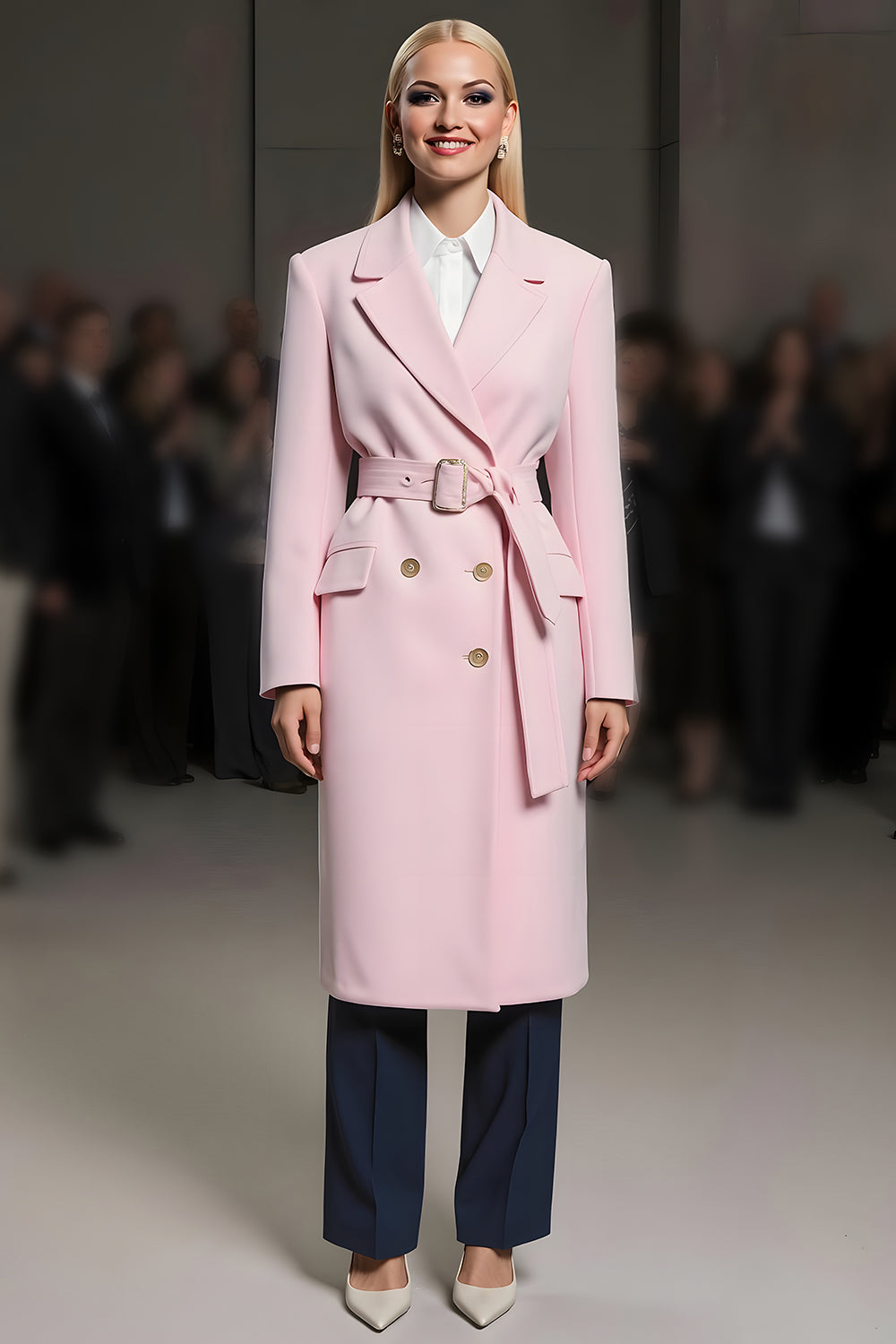 Pink Notched Lapel Women Blazer with Belt