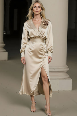 Champagne Notched Lapel Long Sleeves Midi Work Dress with Slit