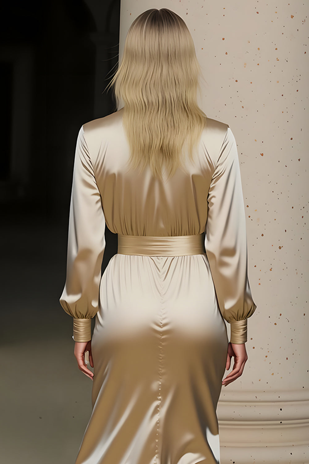 Champagne Notched Lapel Long Sleeves Midi Work Dress with Slit