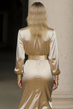Champagne Notched Lapel Long Sleeves Midi Work Dress with Slit