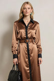 Coffee Collar Neck Long Sleeves Midi Work Dress with Belt