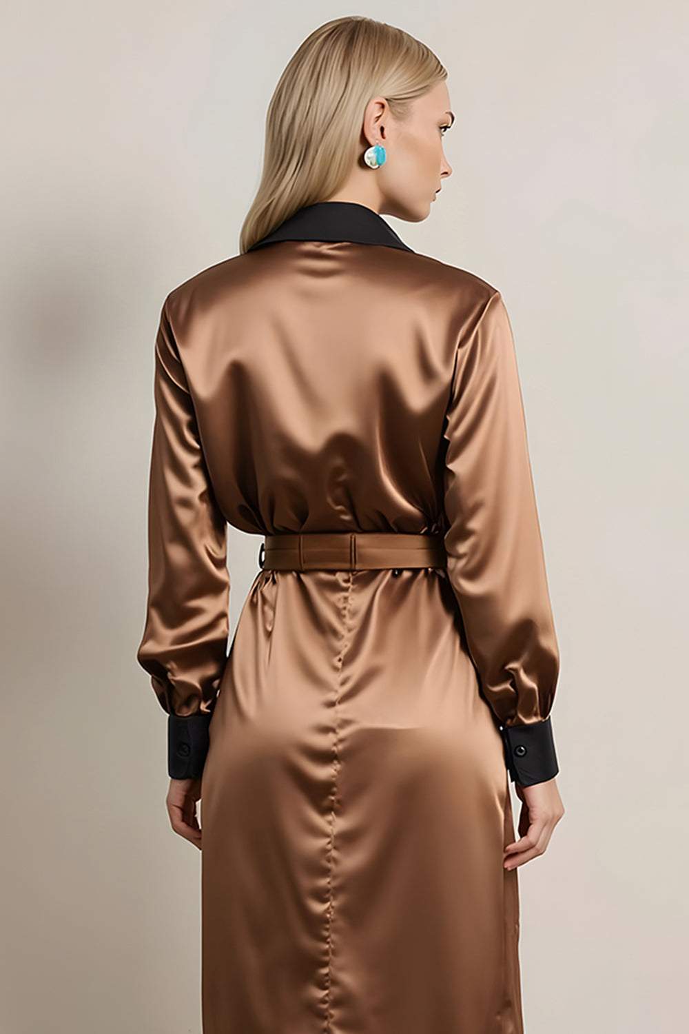 Coffee Collar Neck Long Sleeves Midi Work Dress with Belt