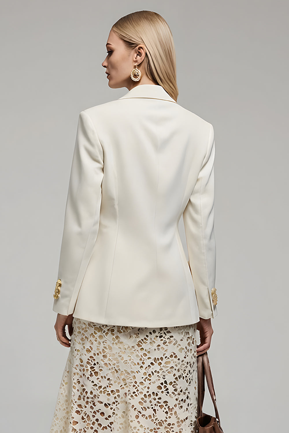 Ivory Notched Lapel Long Sleeves Women Blazer