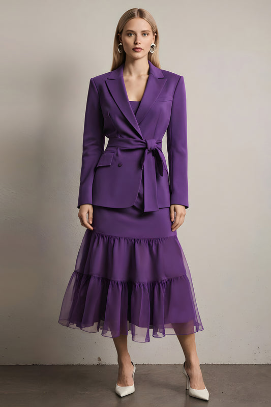 Dark Purple Notched Lapel Long Sleeves 2 Piece Prom Suits with Sash
