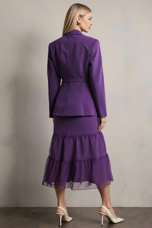 Dark Purple Notched Lapel Long Sleeves 2 Piece Prom Suits with Sash