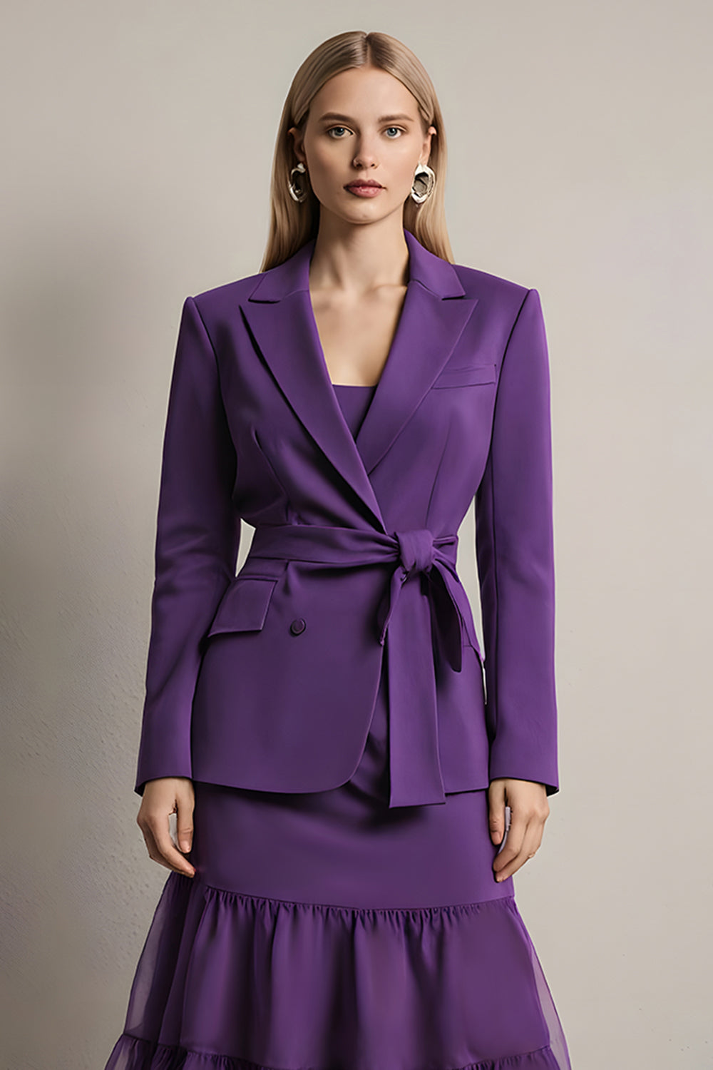 Dark Purple Notched Lapel Long Sleeves 2 Piece Prom Suits with Sash