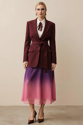 Burgundy Peak Lapel Long Sleeves Women Blazer with Sash