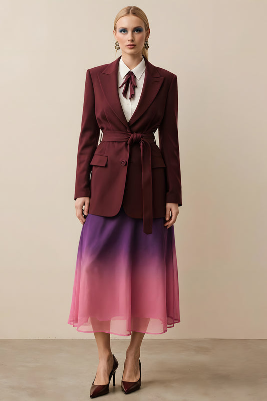 Burgundy Peak Lapel Long Sleeves Women Blazer with Sash