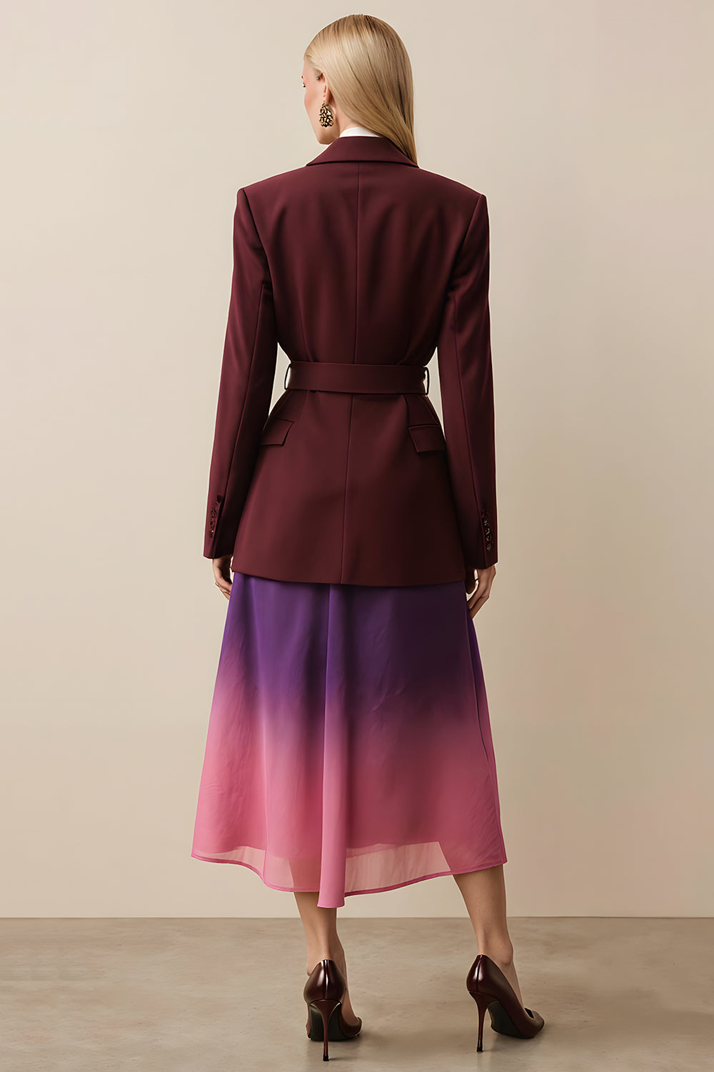 Burgundy Peak Lapel Long Sleeves Women Blazer with Sash