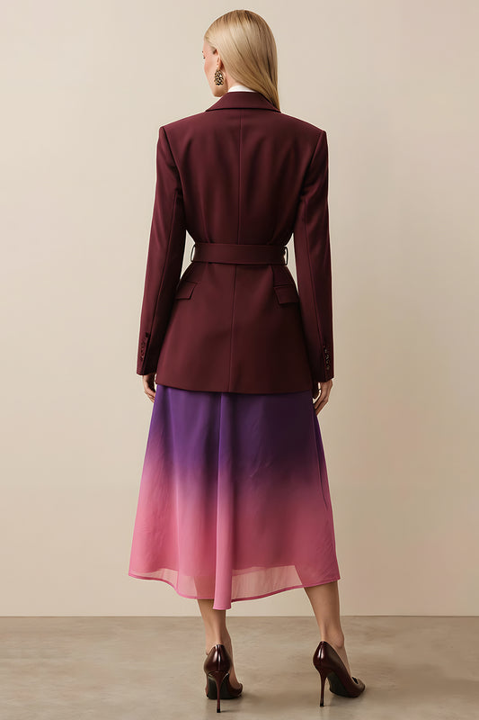 Burgundy Peak Lapel Long Sleeves Women Blazer with Sash