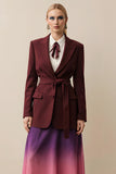Burgundy Peak Lapel Long Sleeves Women Blazer with Sash