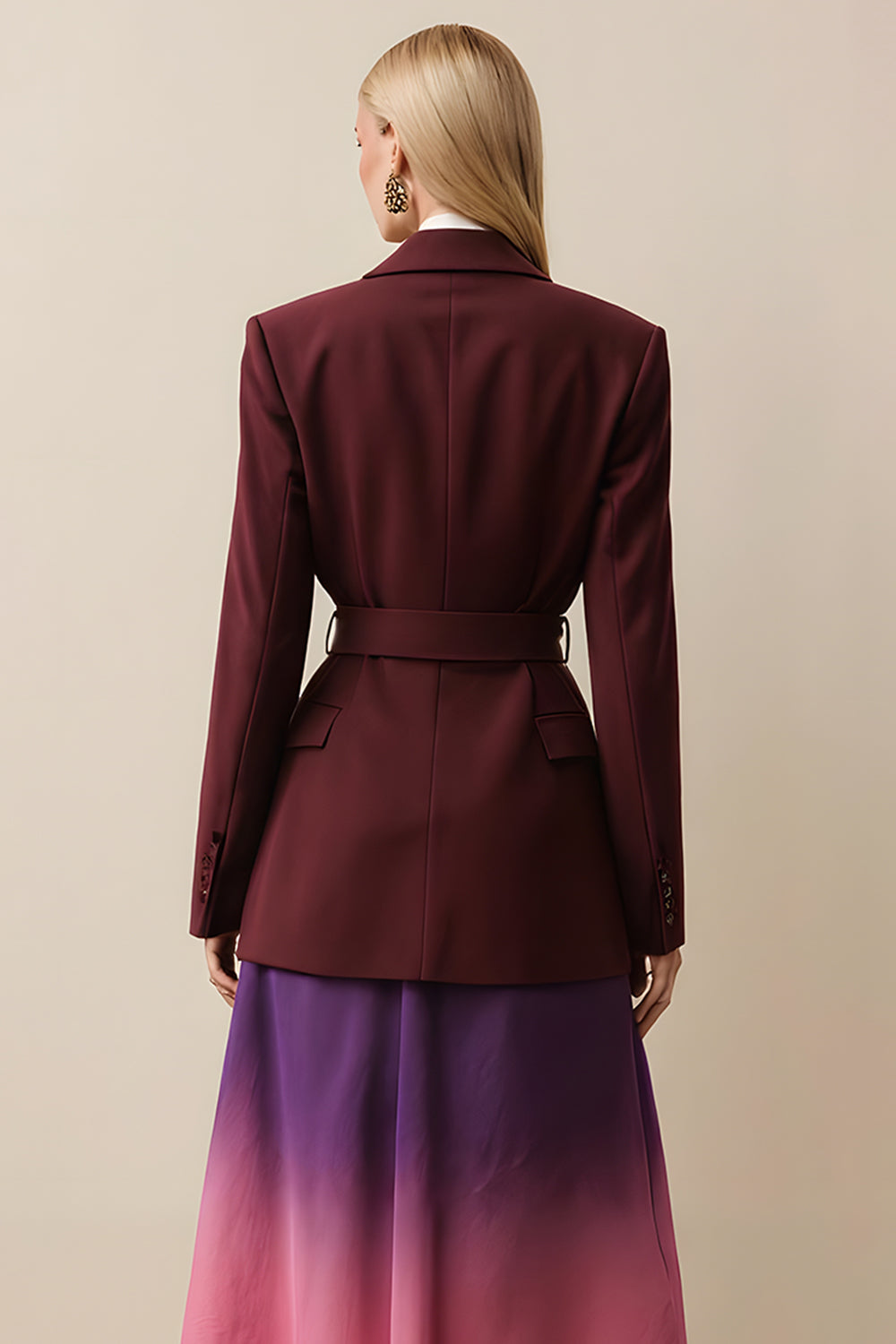 Burgundy Peak Lapel Long Sleeves Women Blazer with Sash