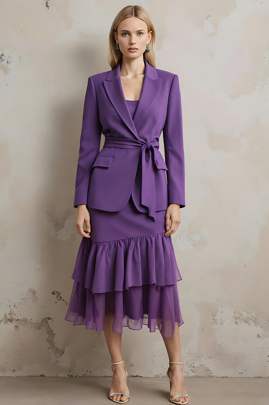 Dark Purple Long Sleeves Peak Lapel 2 Piece Prom Suits with Sash